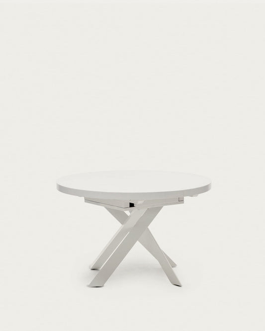 Vashti extendable round table in glass and MDF with steel legs in white, Ø 120(160)x120cm