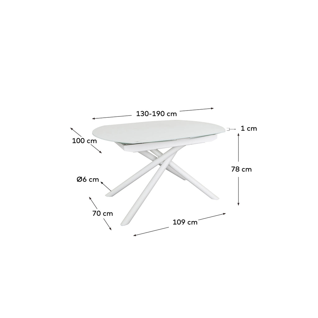 Yodalia extendable round table in glass and MDF with steel legs in white, 130 (190) x 100 cm