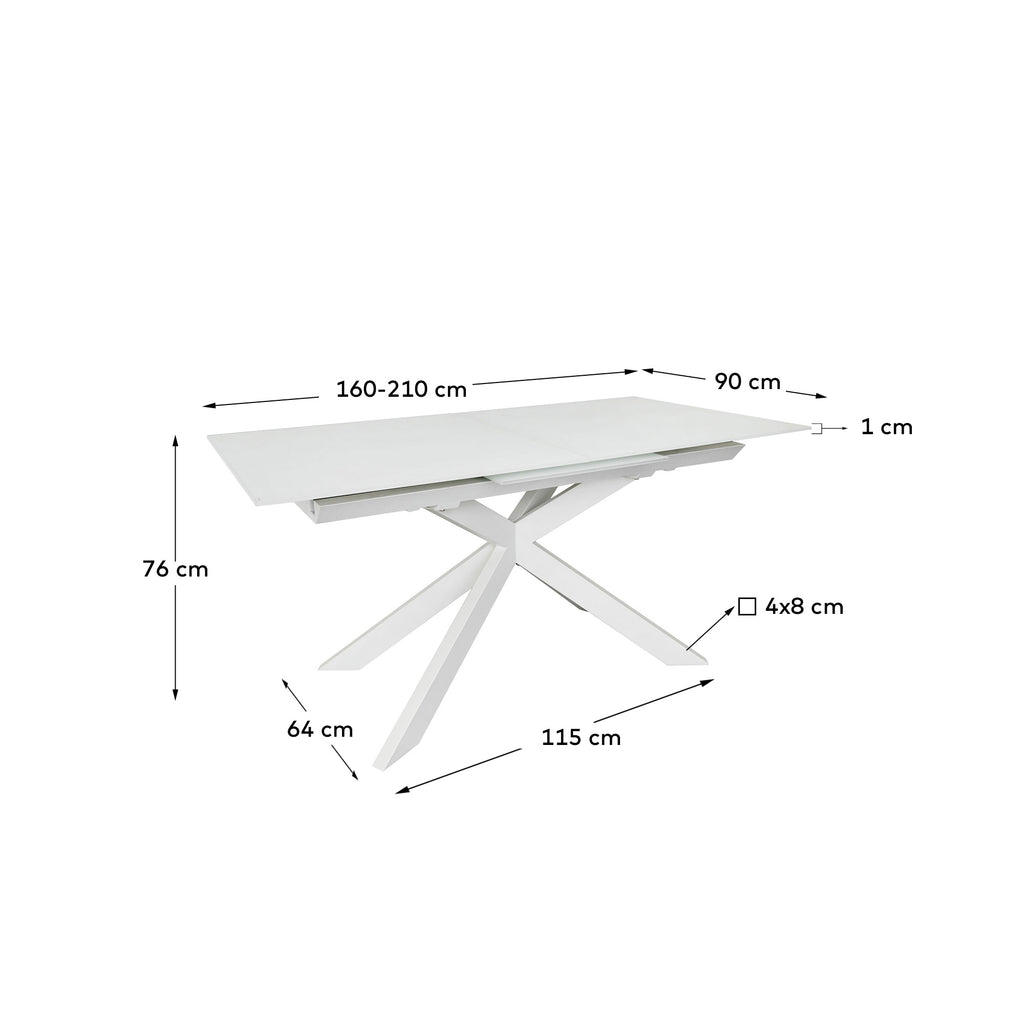Atminda extendable table in glass and MDF with steel legs in white, 160 (210) x 90 cm