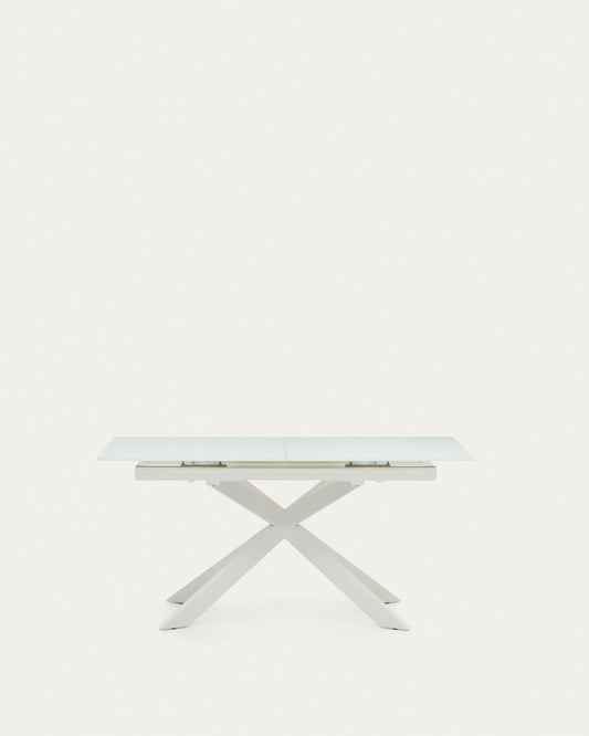 Atminda extendable table in glass and MDF with steel legs in white, 160 (210) x 90 cm