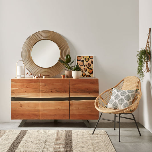 Uxia solid acacia wood sideboard with 3 doors and black finish steel, 148 x 85 cm