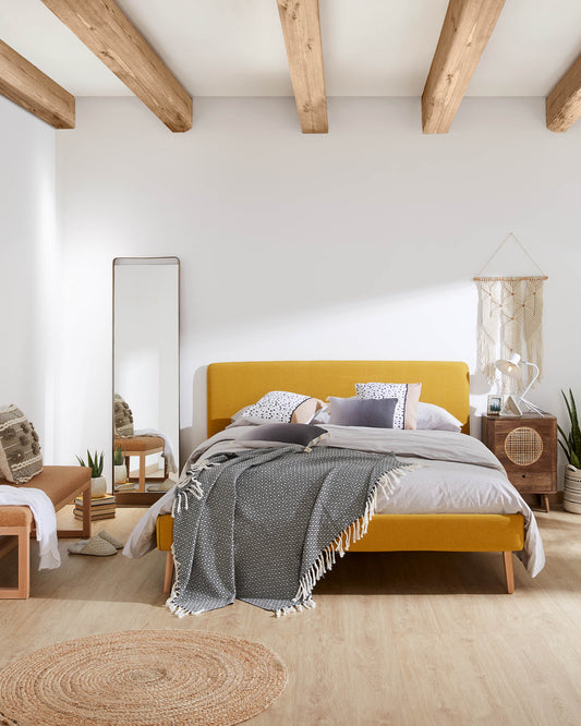 Dyla bed with removable cover in mustard, with solid beech wood legs for a 150 x 190 cm mattress