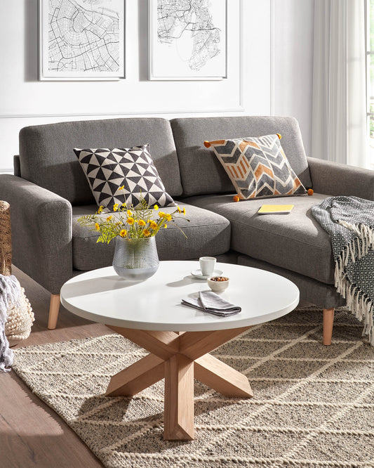 Lotus coffee table in white with solid oak legs, Ø 65 cm