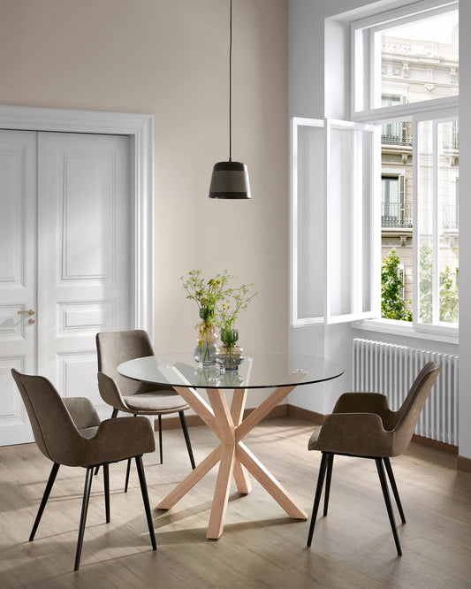 Argo round glass table with steel legs with wood-effect finish Ø 119 cm