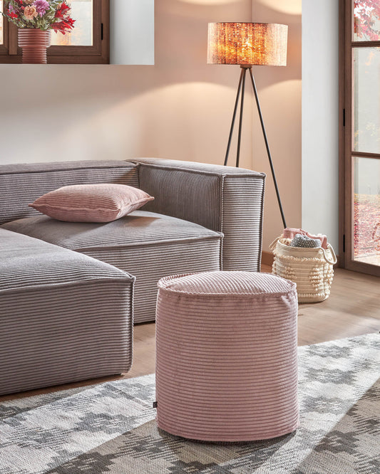 Wilma large pouffe in pink wide seam corduroy, Ø 40 cm