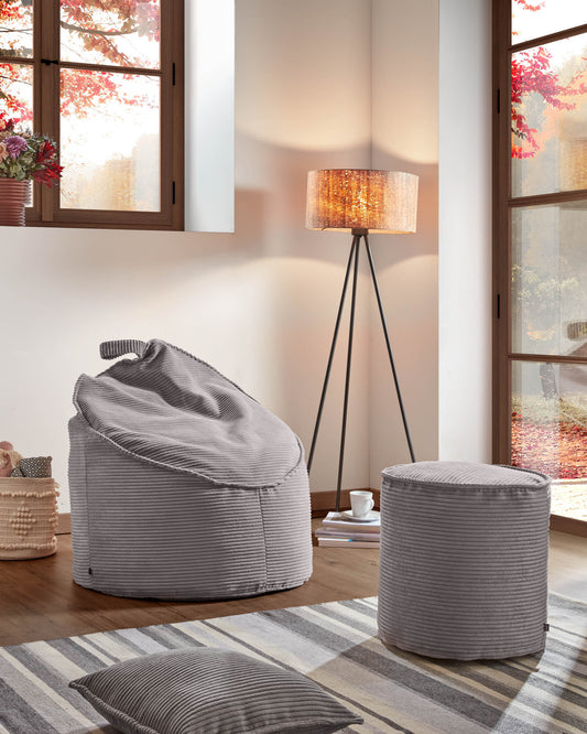 Wilma large pouffe in grey wide seam corduroy, Ø 40 cm