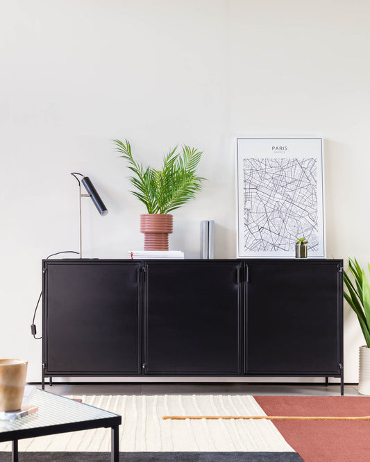 Shantay metal sideboard in a painted black finish with 3 doors, 160 x 72 cm