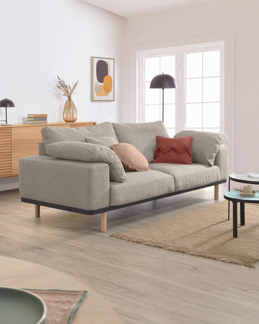 Noa 3 seater sofa with cushions in beige with natural finish legs, 230 cm