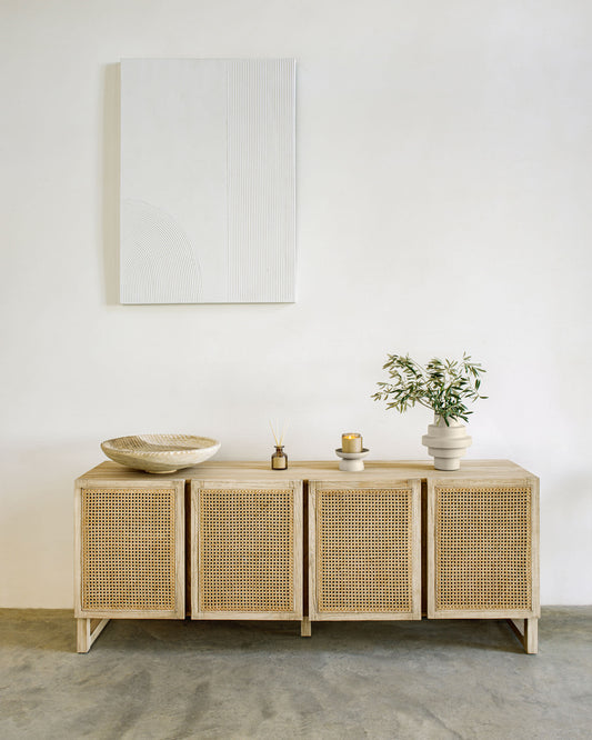 Rexit sideboard with 4 doors in solid and veneer mindi wood with rattan, 180 x 78 cm