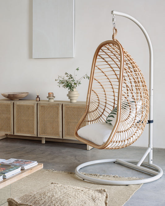 Ekaterina dark grey hanging armchair with foot in rattan