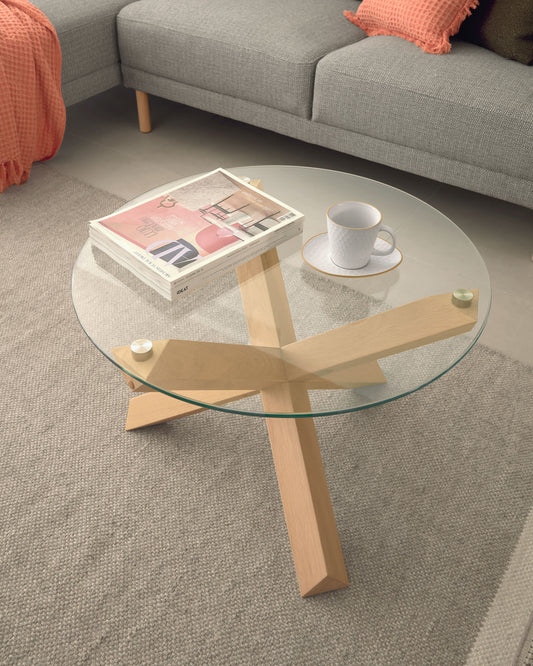 Lotus glass top coffee table with solid oak wood legs, Ø 65 cm