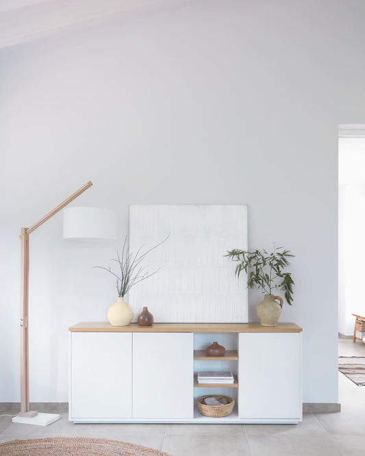 Abilen oak wood veneer 3 door sideboard with white lacquer, 180 x 75 cm FSC 100%