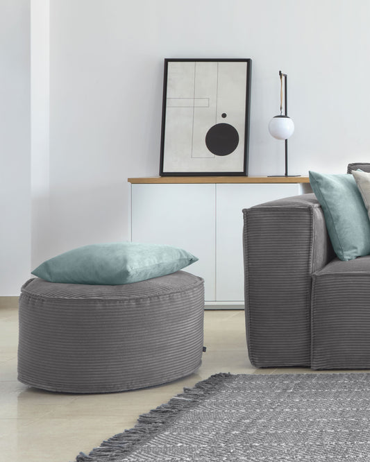 Wilma large pouffe in grey wide seam corduroy, Ø 70 cm