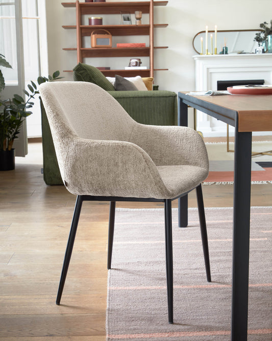 Konna chair in beige chenille with steel legs and painted black finish