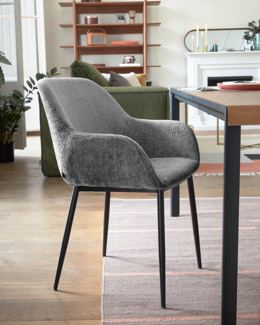 Konna chair in dark grey chenille with steel legs and painted black finish