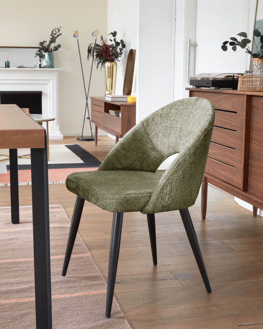 Green chenille Mael chair with steel legs with black finish