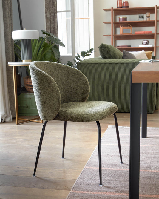 Minna chenille chair in green with steel legs in a black finish