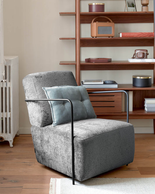 Gamer armchair in grey chenille and metal with black finish