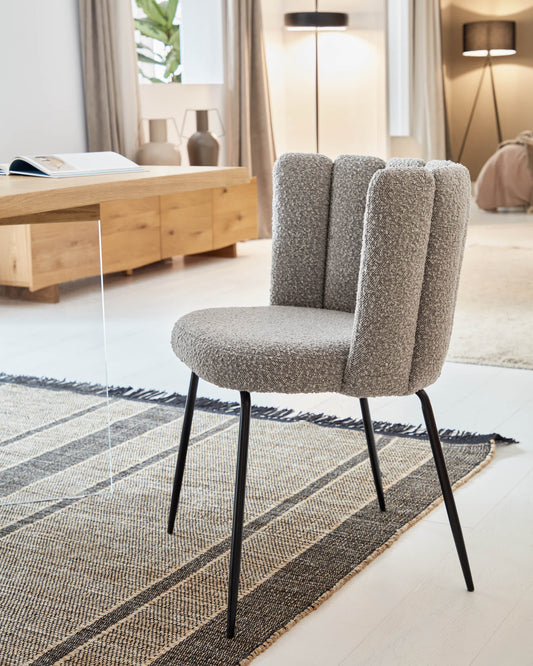 Aniela chair in grey bouclé and metal legs with black finish