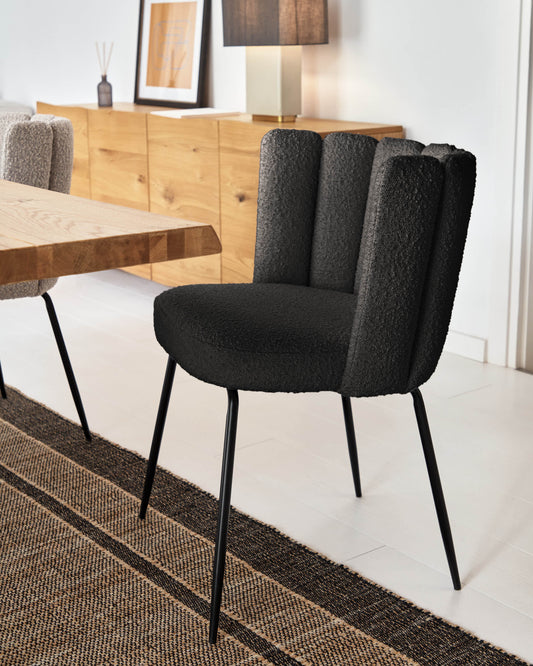 Aniela chair in black bouclé and metal legs with black finish