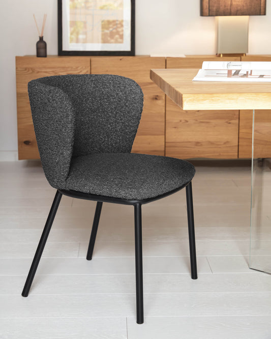 Ciselia chair with black bouclé and steel legs with black finish FSC Mix Credit