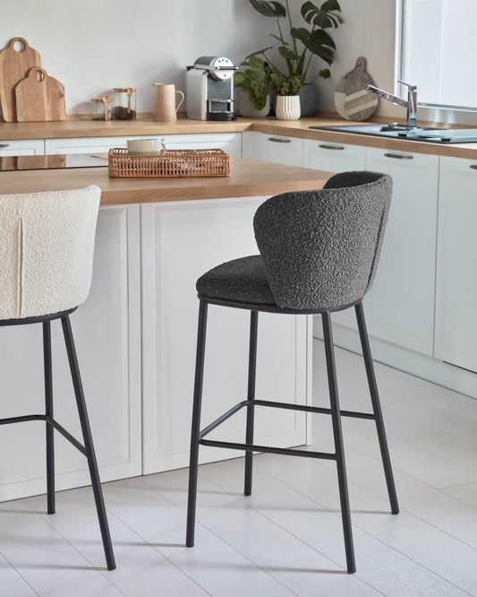 Ciselia stool with black bouclé and black metal, height 65 cm FSC Mix Credit