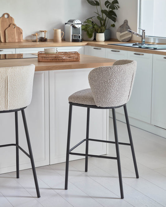 Ciselia stool with light grey bouclé and black metal, height 75 cm FSC Mix Credit