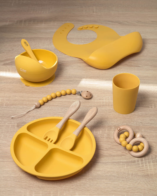 Epiphany dummy and teething ring set in mustard silicone and wood