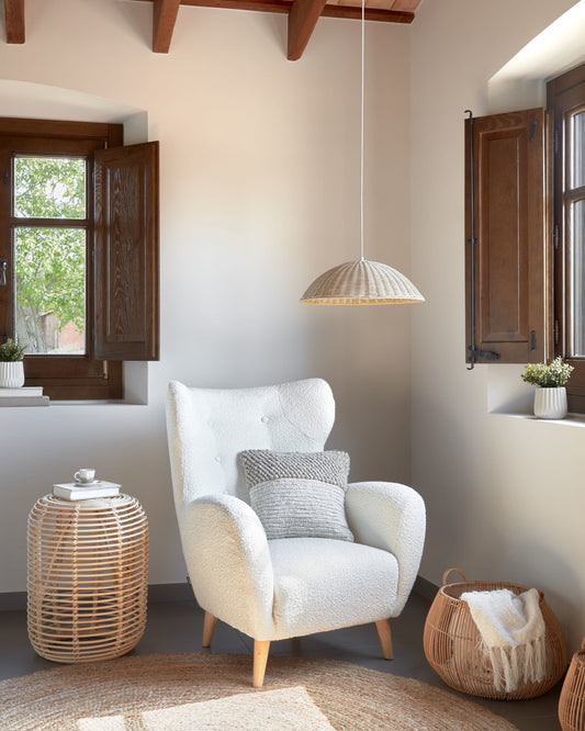 Patio armchair in white bouclé with solid, beech wood legs