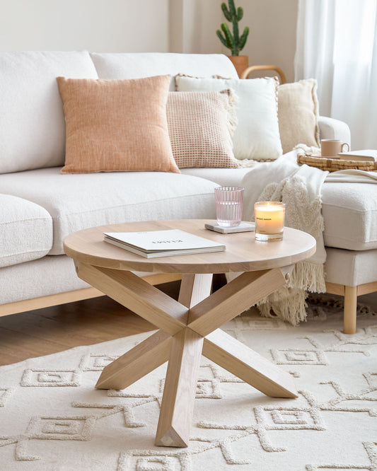 Lotus wood coffee table in solid oak wood, Ø 65 cm