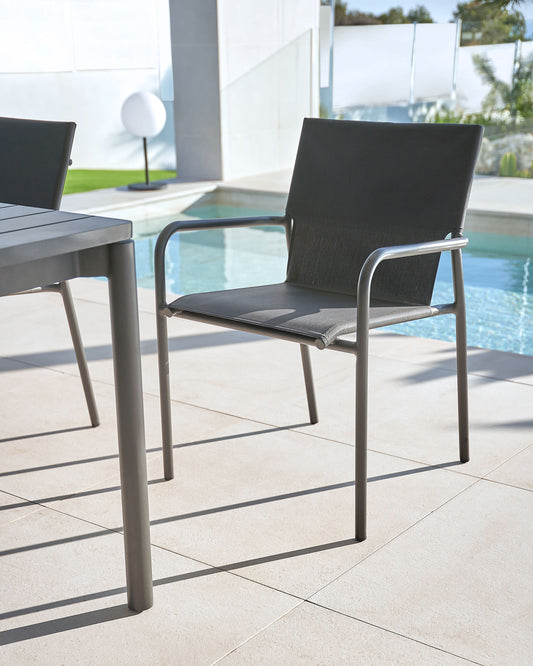 Zaltana stackable outdoor chair in aluminium with a matt dark grey painted finish