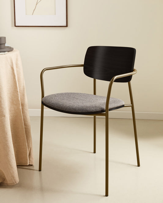 Maureen stackable chair with ash veneer in dark finish and metal in brass finish