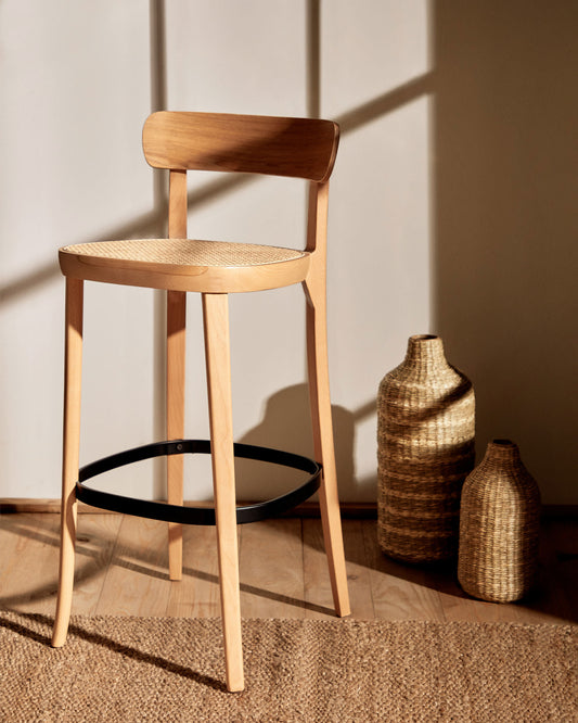 Romane stool beechwood stool with a natural finish, ash wood veneer and ratan seat 75 cm