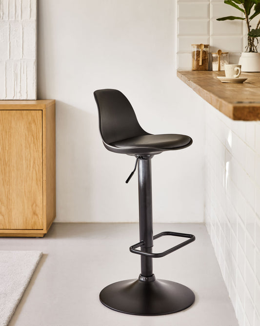 Orlando-T barstool - black synthetic leather and matt black steel 60-82 cm