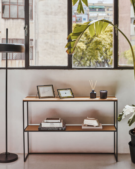 Yoana console table with oak wood veneer and painted black metal structure, 120 x 80 cm