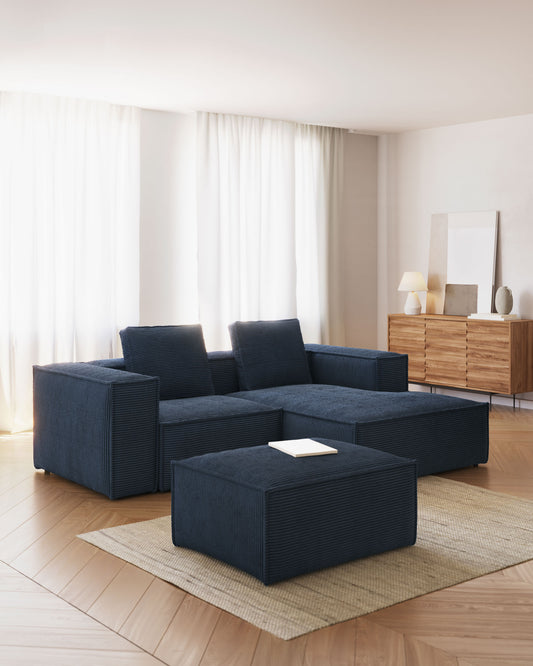 Blok 2 seater sofa with right side chaise longue in dark blue, 240 cm FR