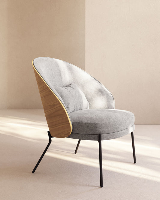 Eamy light grey armchair in an ash wood veneer with a natural finish and black metal