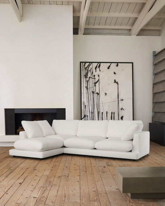 Gala 4 seater sofa with left side chaise longue in white, 300 cm