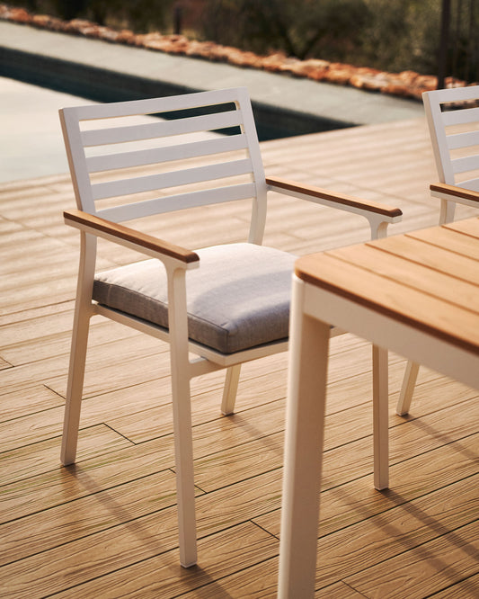 Bona aluminium stackable garden chair with a white finish and solid teak wood armrests