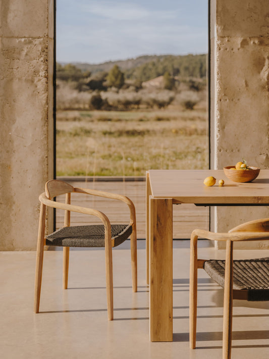 Nina stackable chair in solid acacia wood and black rope seat FSC 100%