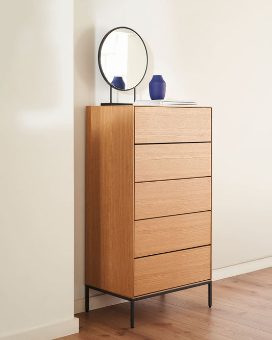 Vedrana 5 drawer chest of drawers in oak veneer with black steel legs, 60 x 114 cm