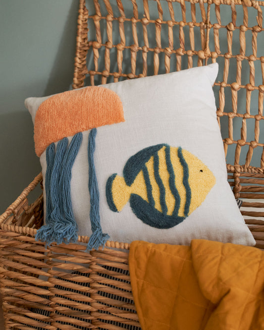 Cordelia 100% blue cotton cushion cover with multicolour marine animals, 45 x 45 cm