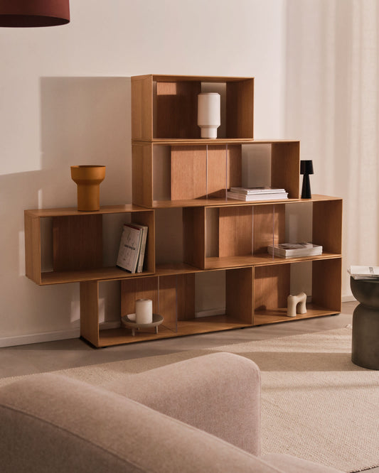 Litto set of 9 modular shelving units in oak wood veneer, 202 x 114 cm