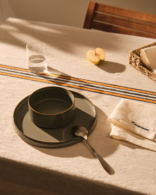 Vallcanera tablecloth in cotton and linen with mustard and blue stripes, 150 x 250 cm