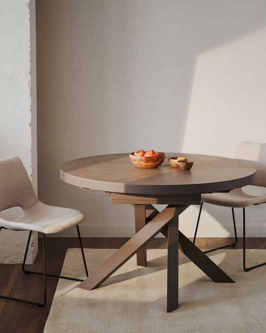 Vashti round extendable table, porcelain and steel legs with a brown finish, Ø 120(160) cm