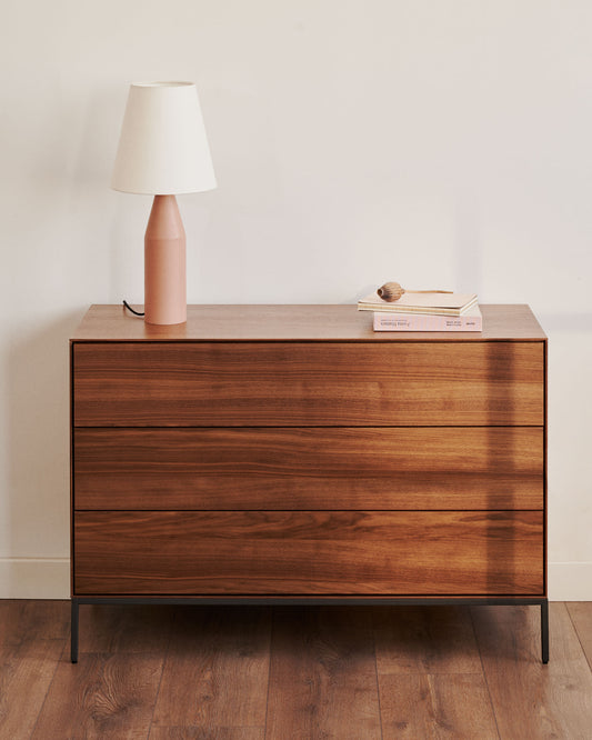 Vedrana 3 drawer chest of drawers in walnut veneer with black steel legs, 110 x 75 cm