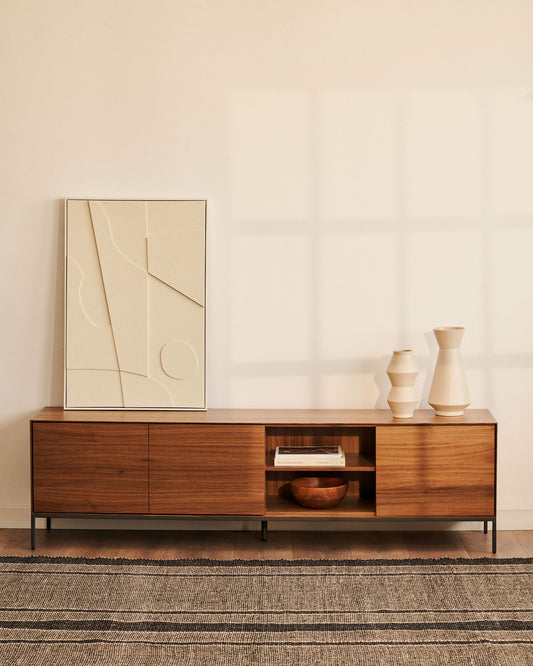 Vedrana 3-door TV stand in walnut veneer with black steel legs, 195 x 55 cm