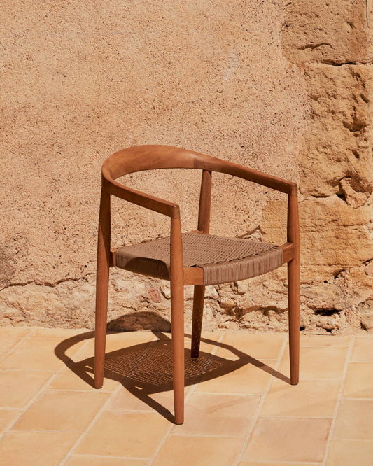 Ydalia stackable outdoor chair in solid teak wood with natural finish and beige rope