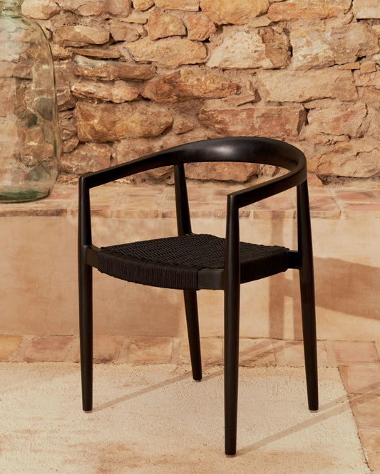 Ydalia stackable outdoor chair in solid teak wood with black finish and black rope