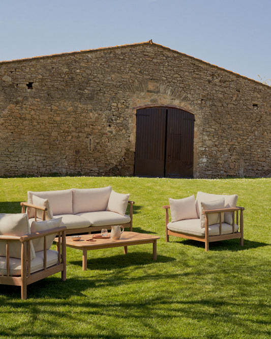 Sacova set of 2 armchairs, 2 seater sofa and coffee table in solid eucalyptus wood FSC